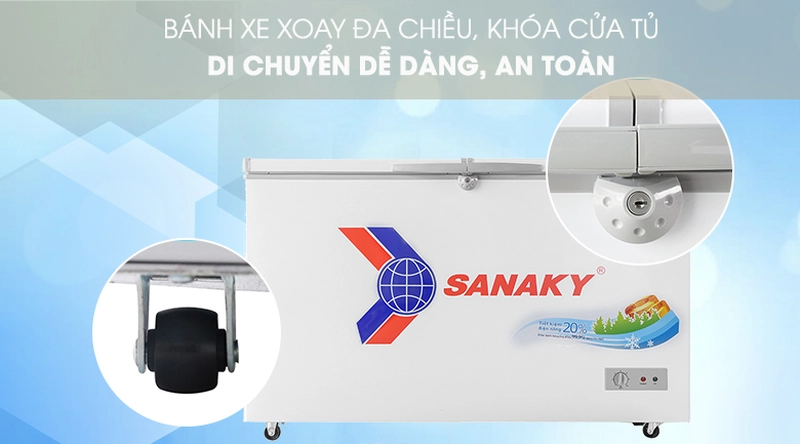 bánh xe di chuyển dễ dàng trên tủ đông sanaky VH 2899A1