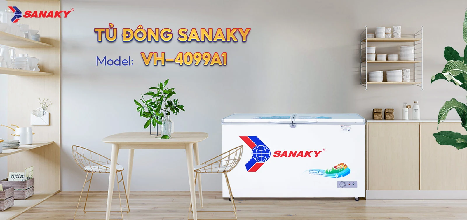 tủ đông sanaky VH 4099A1, dung tích sử dụng 305 lít, dàn lạnh đồng