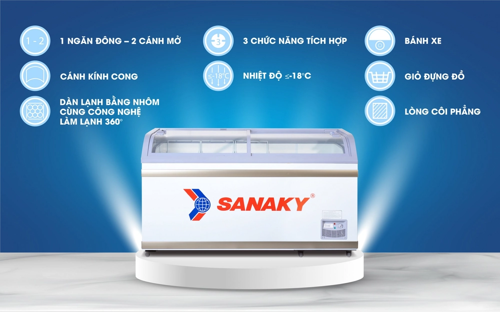 giới thiệu tủ đông nắp kính sanaky VH 888K
