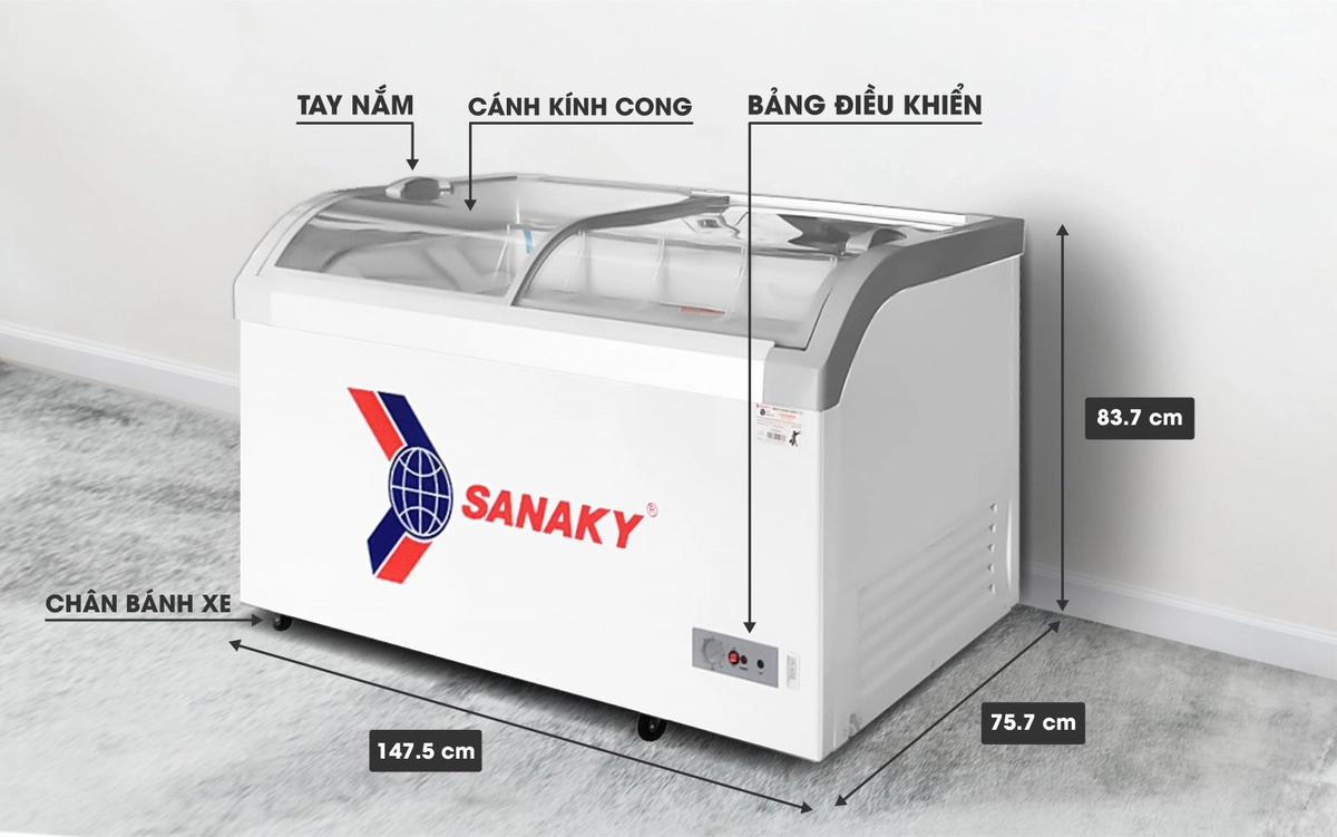 kích thước tủ đông nắp kính siêu thị sanaky VH 888KA