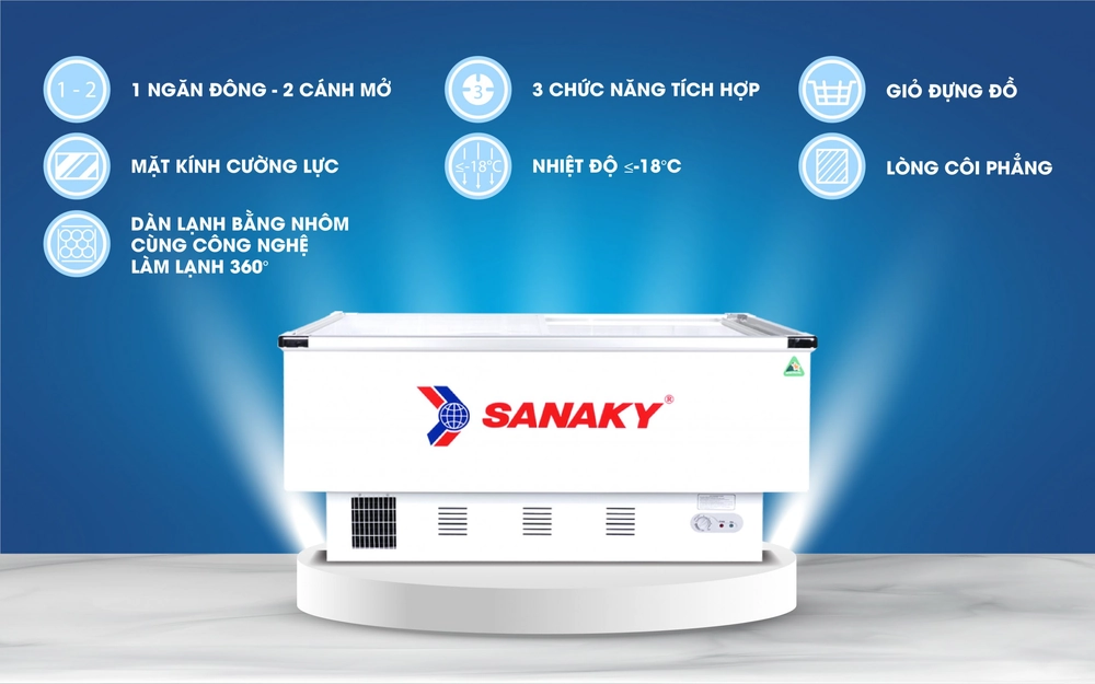 giới thiệu tủ đông sanaky mặt kính tủ dùng trong các siêu thị VH 999K